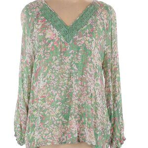 Hope & Harlow Size L Long sleeve Green print blouse v neck embroidered